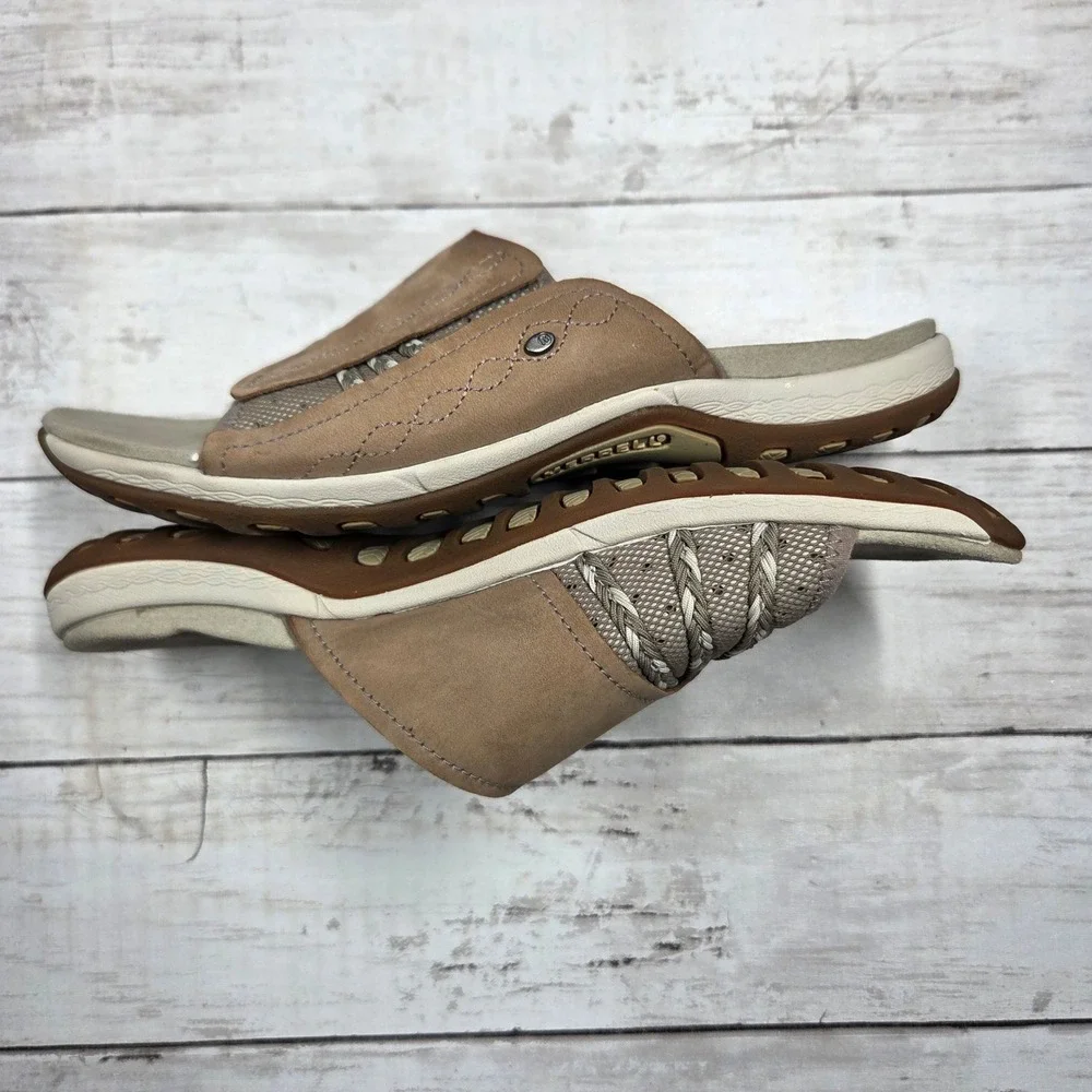 Merrell Lilyfern Aluminum Slide Sandals Womens 8 Tan Leather Mesh Braided S29